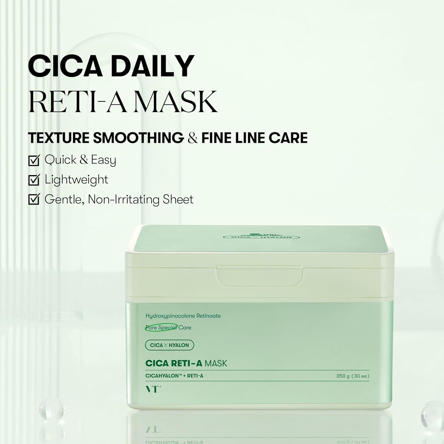Emballage vert avec l'inscription CICA DAILY RETI-A MASK. Lissage de la texture et soin des ridules. Application rapide et facile.