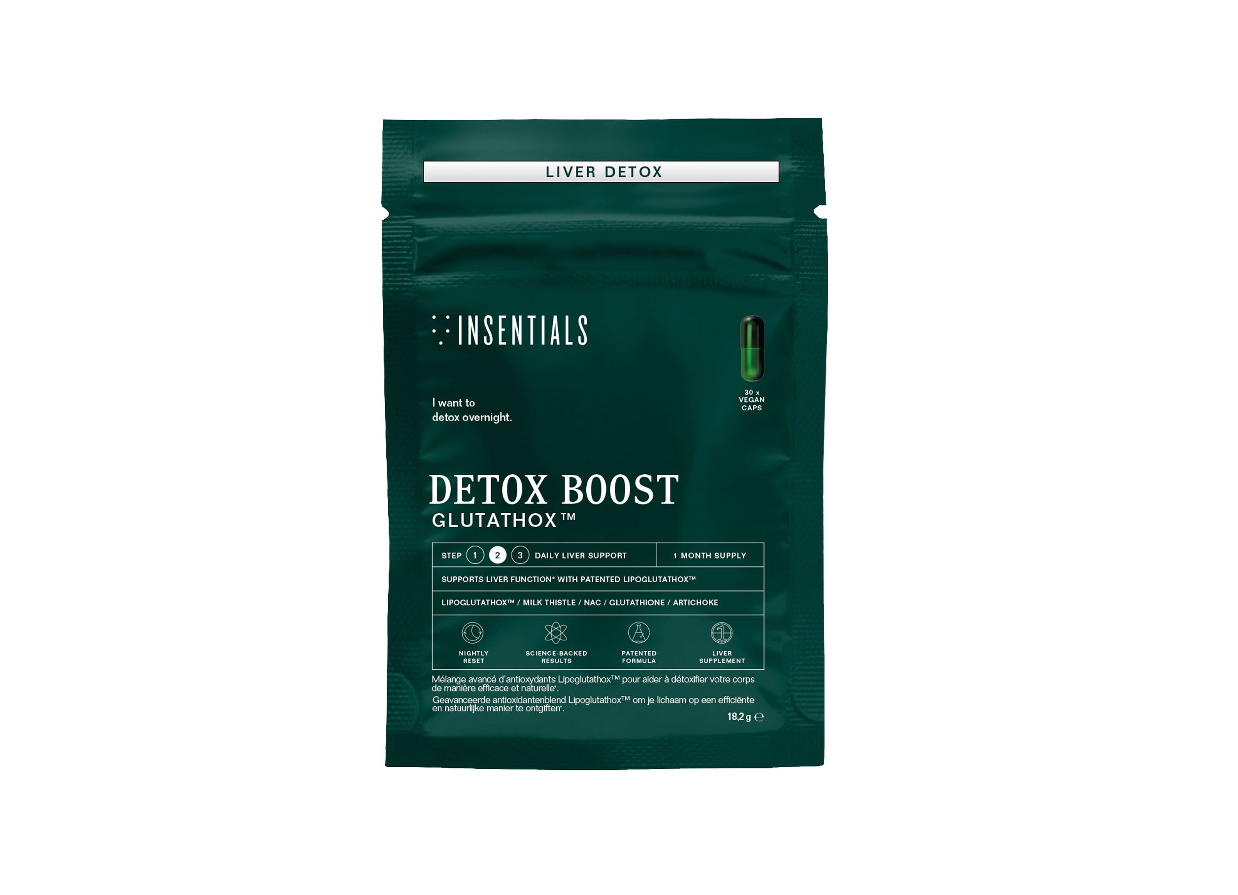 Avant d'un emballage vert foncé avec l'inscription 'Insentials Detox Boost Glutathox'.