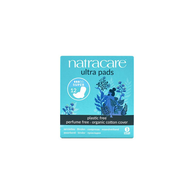 Vierkante verpakking Natracare Ultra maandverband. 12 stuks. Biologisch katoenen toplaag. Plastic-, parfum- en chloorvrij.