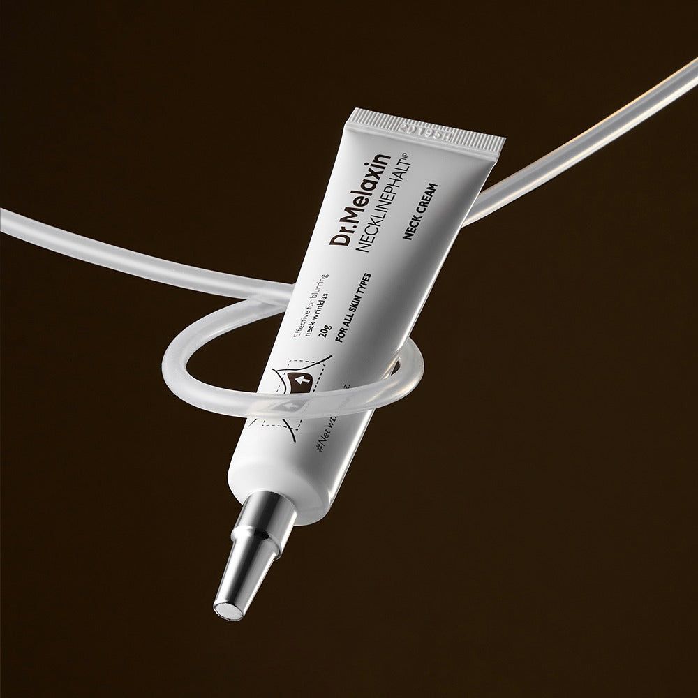 Tube de crème pour le cou Dr. Melaxin Necklinephalt, entouré d'un tube blanc.
