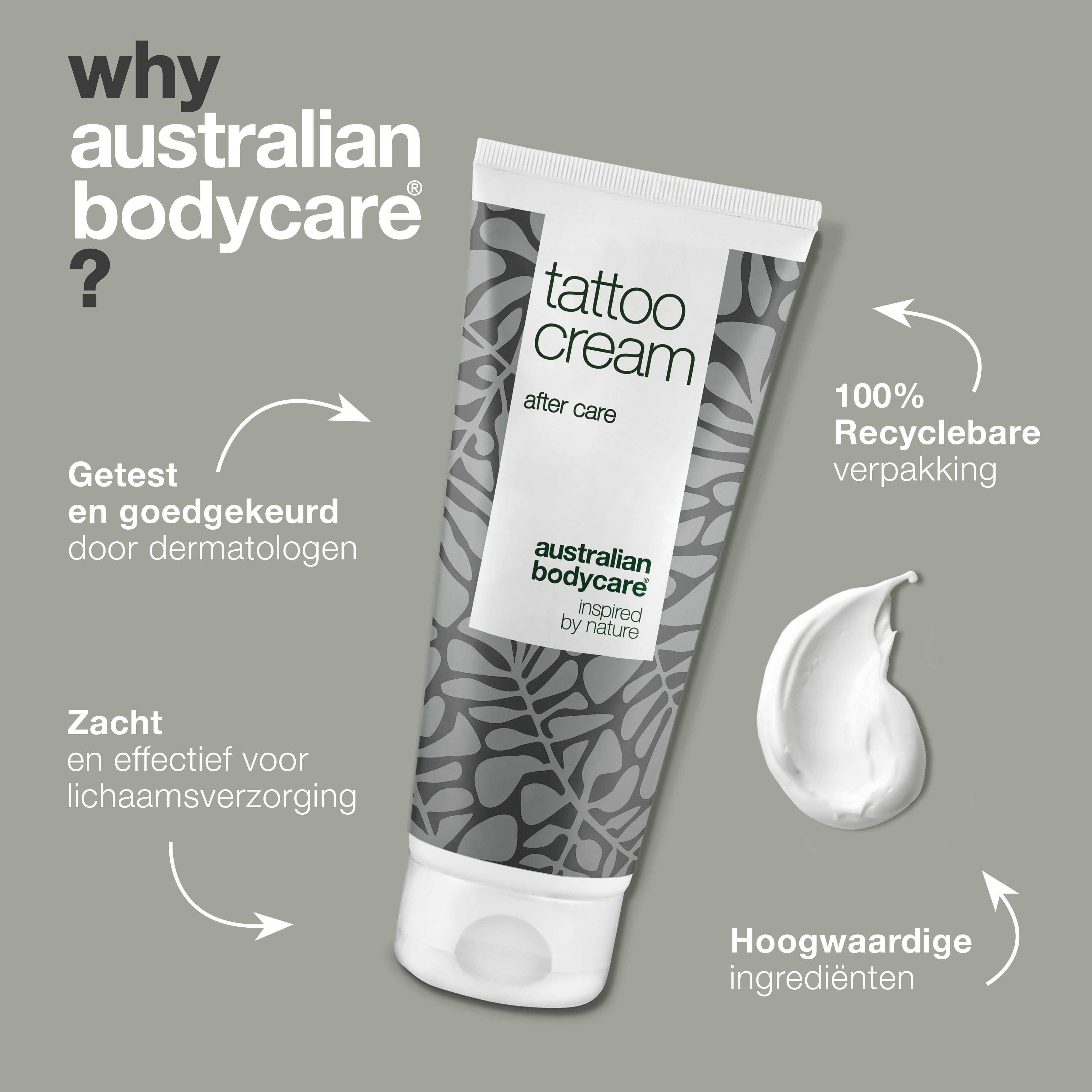 Tube Tattoo Cream, klodder crème, grijze achtergrond. Tekst: Getest en goedgekeurd door dermatologen, zacht en effectief, etc.