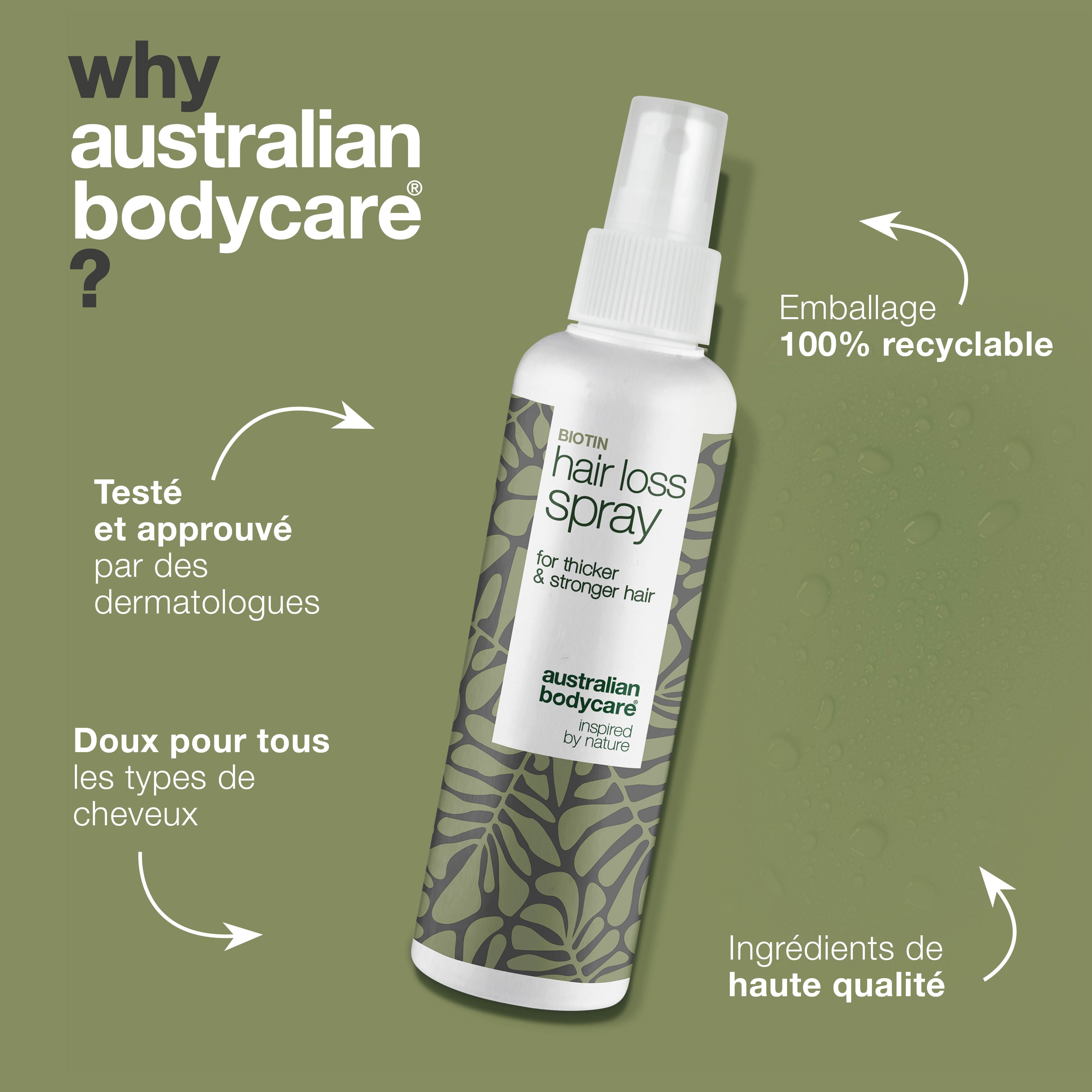 Pourquoi Australian Bodycare ? Testé et approuvé par des dermatologues. Biotin Hair Loss Spray. Australian Bodycare.