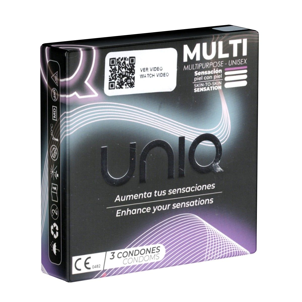 Zwarte verpakking met "UNIQ" logo en tekst. Bevat 3 condooms. CE-markering zichtbaar.