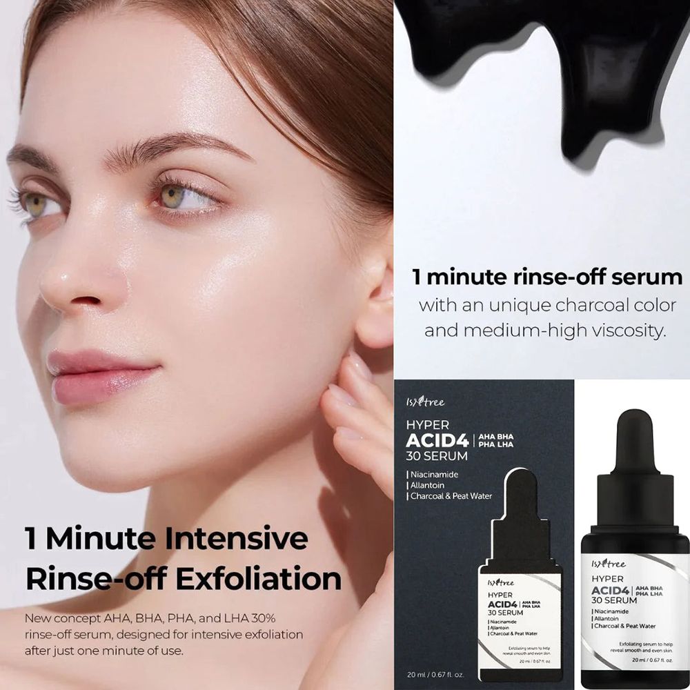 Femme avec sérum. Image du produit et texte : ISNTREE Hyper Acid4 30 Serum. Texte : 1 Minute Intensive Rinse-off Exfoliation.