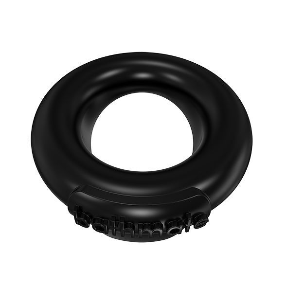 Zwarte penisring met "bathmate" opschrift. Ringvormig met een verhoogd oppervlak.
