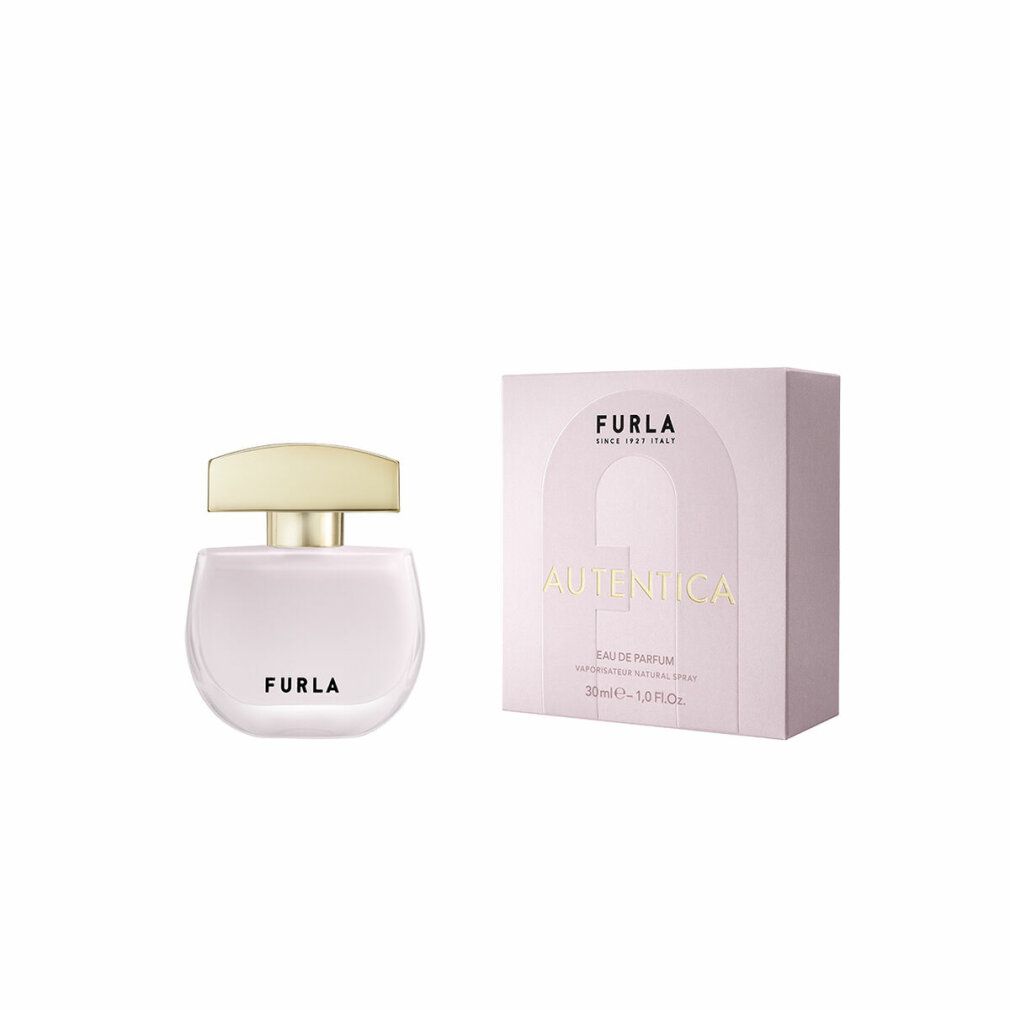 Furla Autentica Eau de Parfum flesje en doos. Lichtgekleurd flesje met gouden dop. Roze doos met gouden tekst.