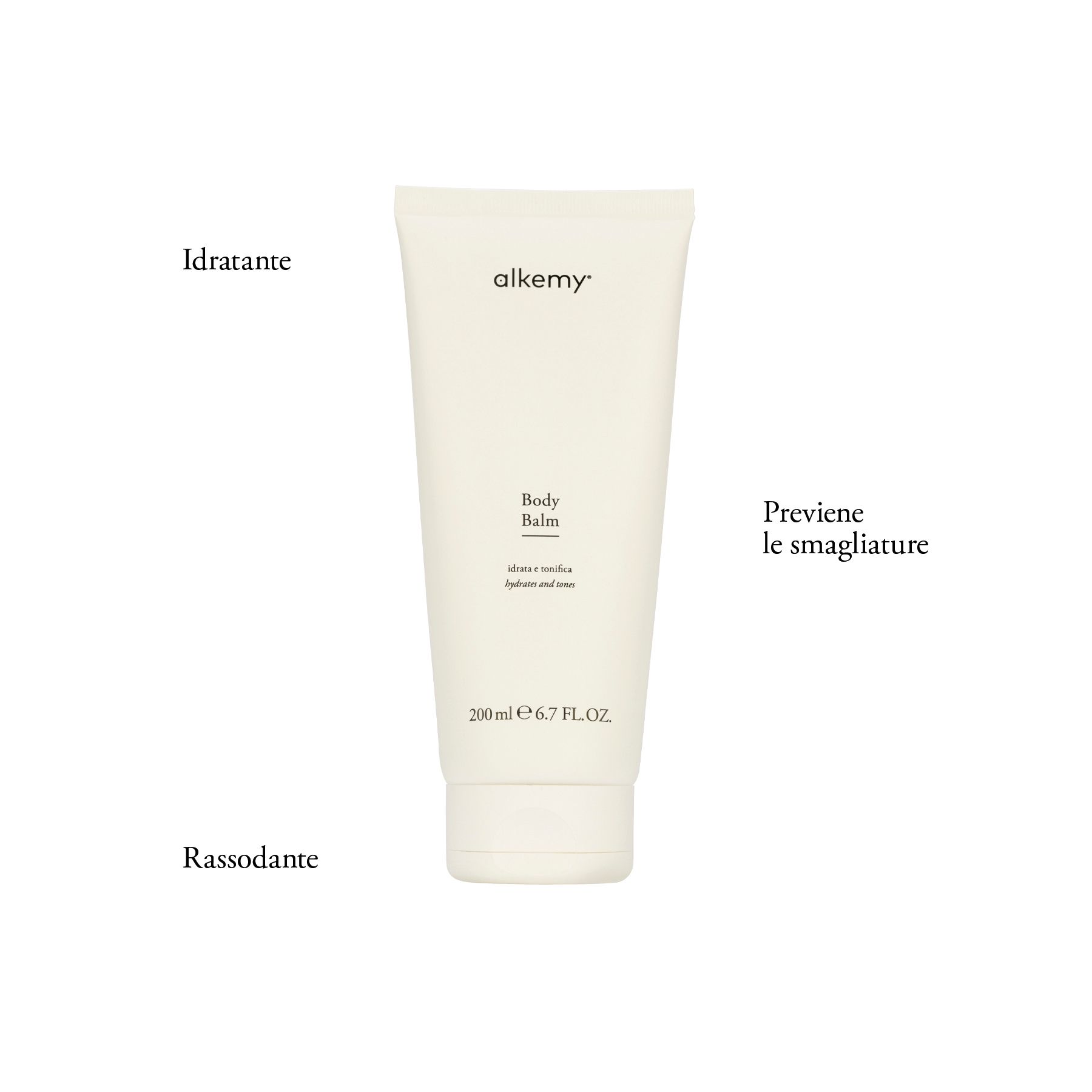 Tube blanc de baume corporel, étiqueté 'alkemy', 'Body Balm', 'idrata e tonifica' et '200 ml 6.7 FL.OZ.'.