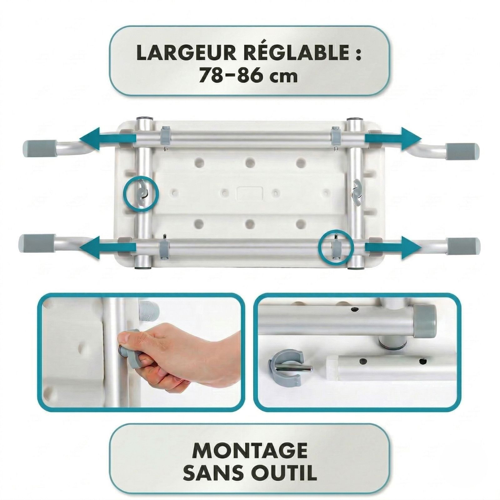 Siège de baignoire, largeur réglable 78-86 cm. Montage sans outil. Vues détaillées de la fixation.