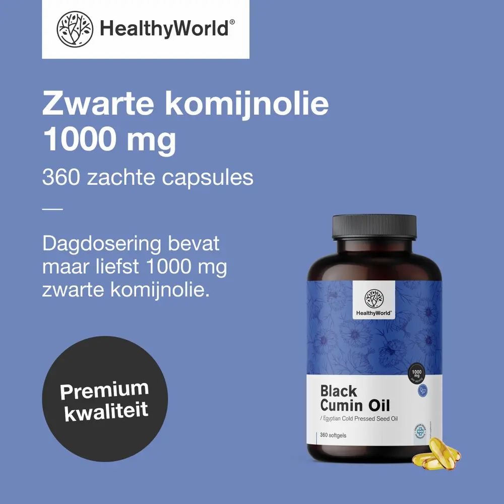 Productfles met capsules. Tekst: Zwarte komijnolie 1000 mg, 360 zachte capsules. Tekst: Dagdosering bevat maar liefst 1000 mg.