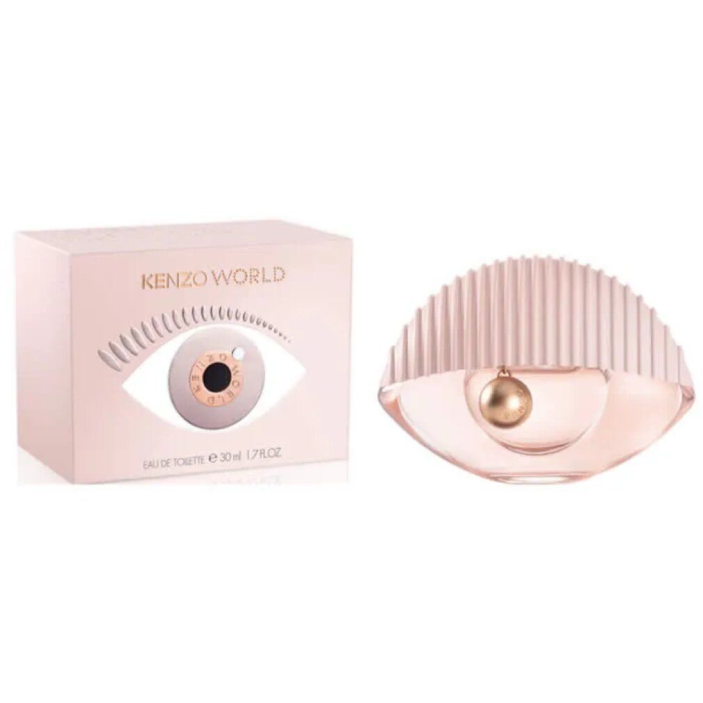 Flacon et emballage Kenzo World Eau de Toilette. Emballage avec motif oeil. Flacon en forme d'oeil avec bouchon cannelé et boule.