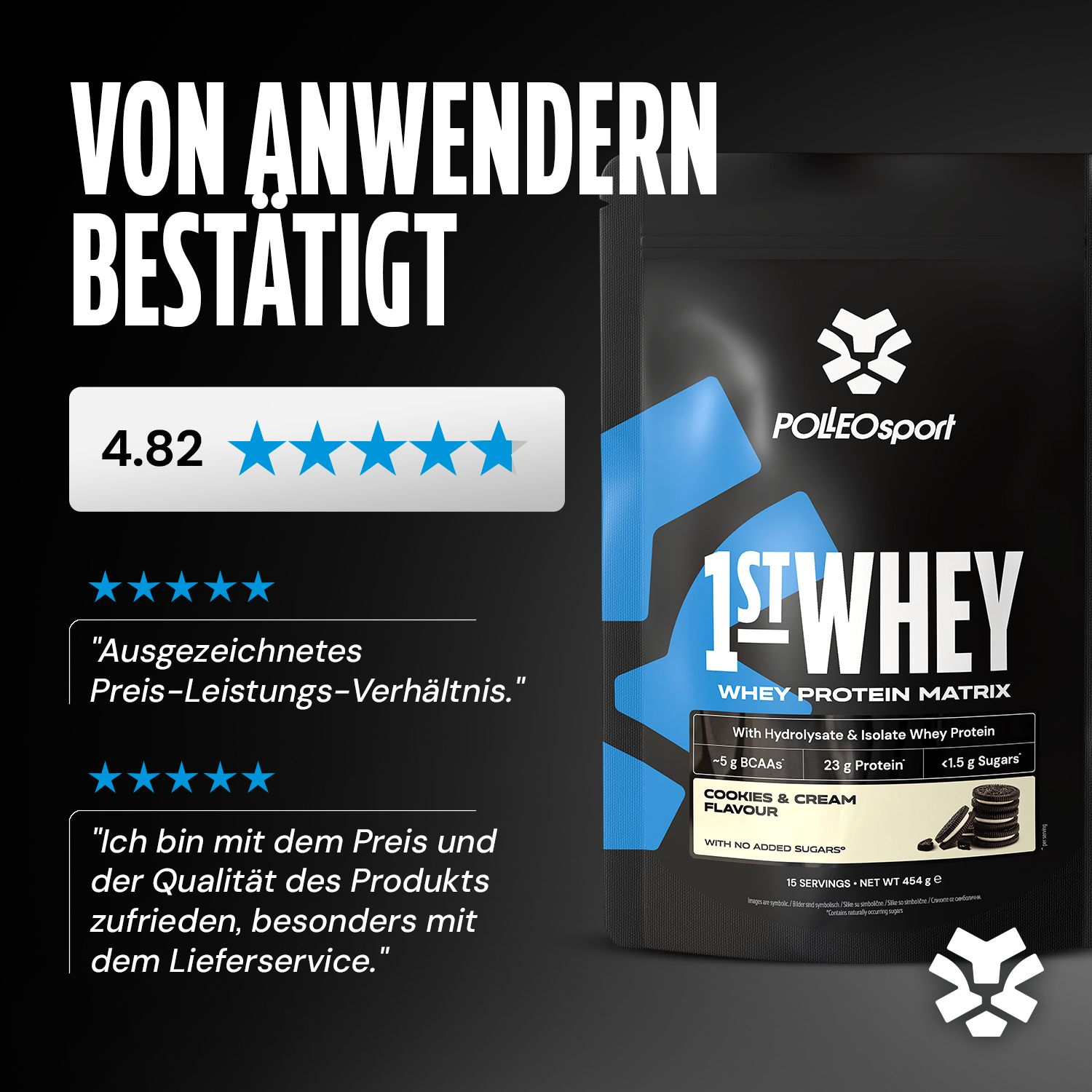 Product met klantbeoordelingen. Tekst: PolleoSport, 1st Whey, Whey Protein Matrix, Cookies & Cream smaak. 4,82 sterren beoordeling. Bevat 23g eiwit.