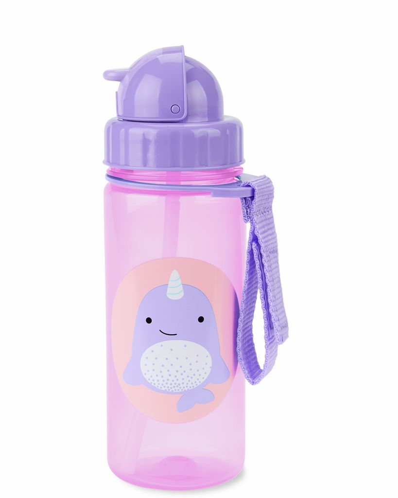 Drinkfles met paarse dop en narwal-illustratie. Met rietje en draaglus.