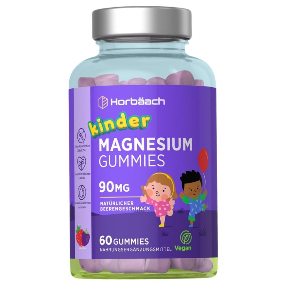 Horbaach Kinder Magnesium Gummies. Flacon violet avec bonbons gélifiés. 60 gommes, 90mg, goût fraise. Vegan.