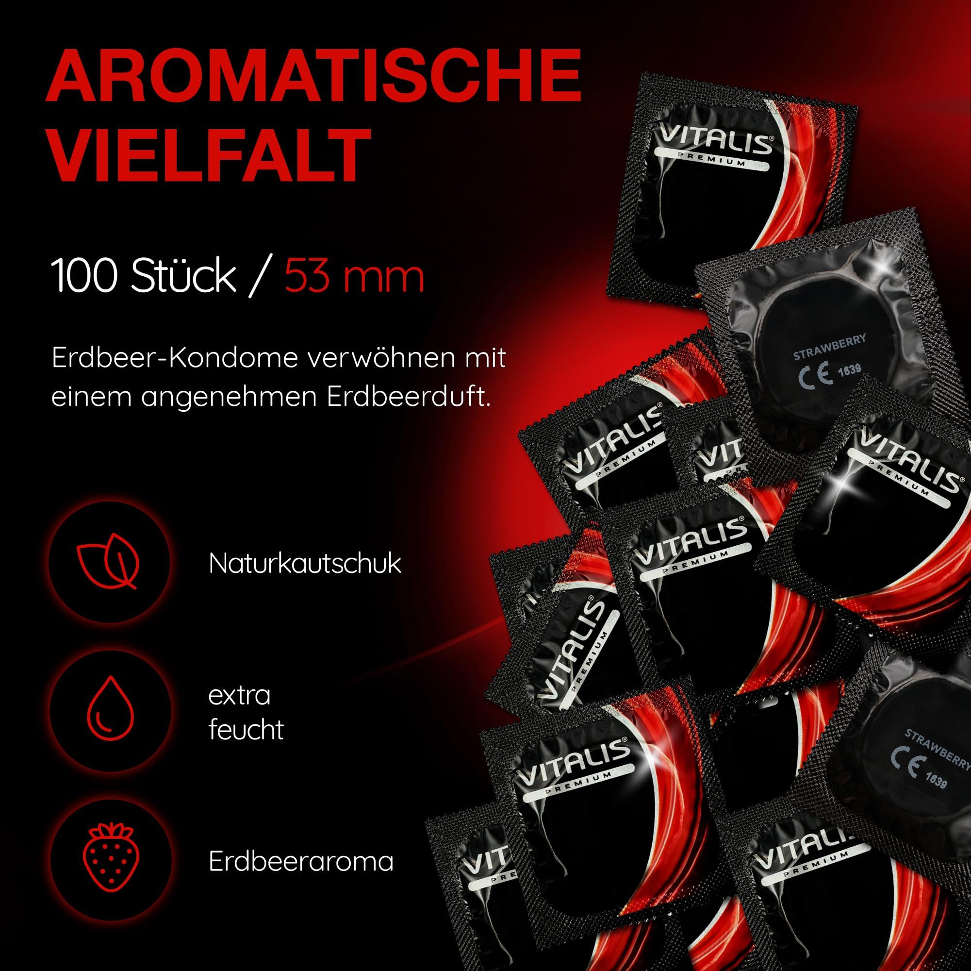 Vitalis Aardbei condooms: 100 stuks, 53mm. Natuurrubber, extra vochtig, aardbeienaroma.