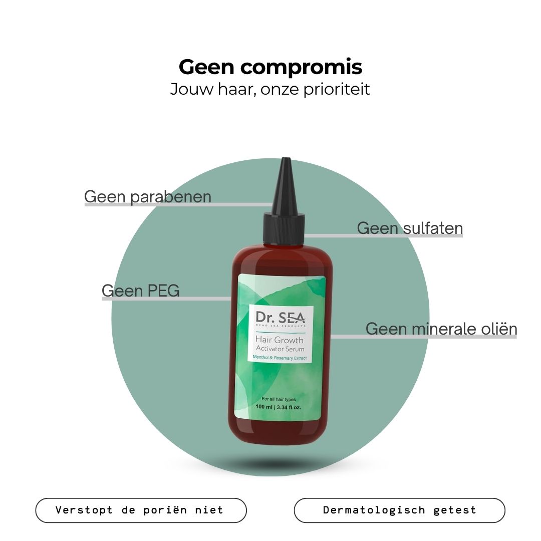 Fles met tekst. Tekst: Zonder parabenen, sulfaten, PEG, minerale oliën. Dermatologisch getest. Verstopt de poriën niet.