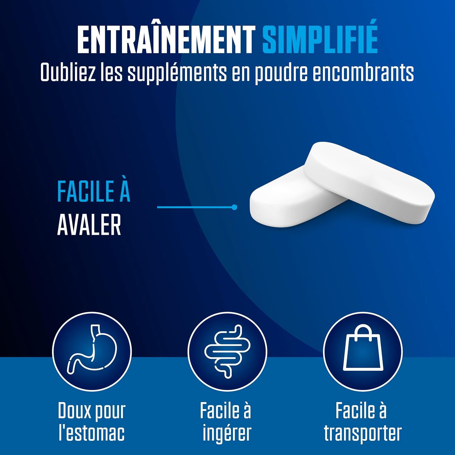 Deux comprimés blancs. Texte: Facile à avaler. Doux pour l'estomac. Facile à transporter.