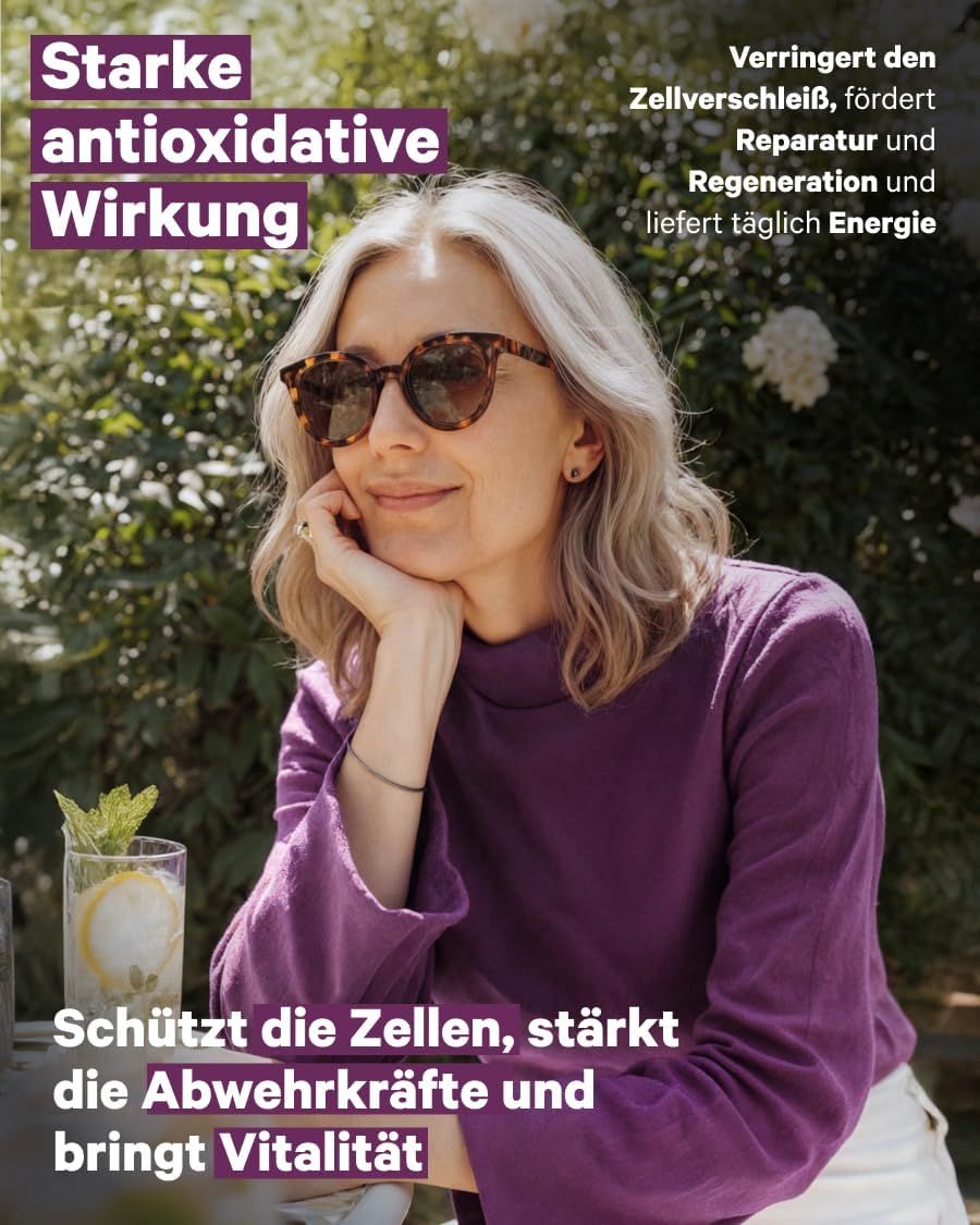 Femme avec lunettes de soleil assise dehors, texte sur l'action antioxydante.