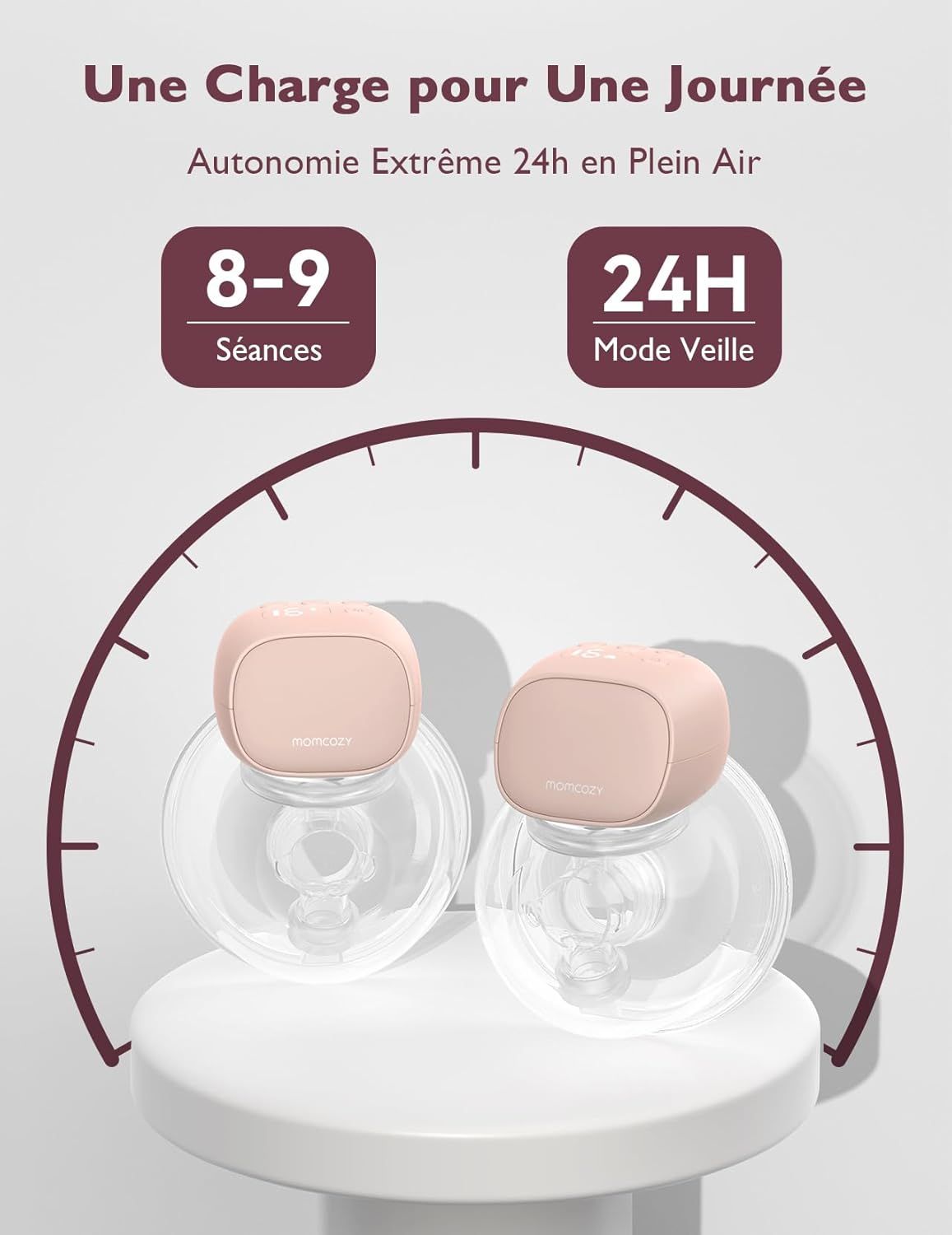 Deux tire-laits roses avec récipients transparents, entourés d'un diagramme temporel en demi-cercle.