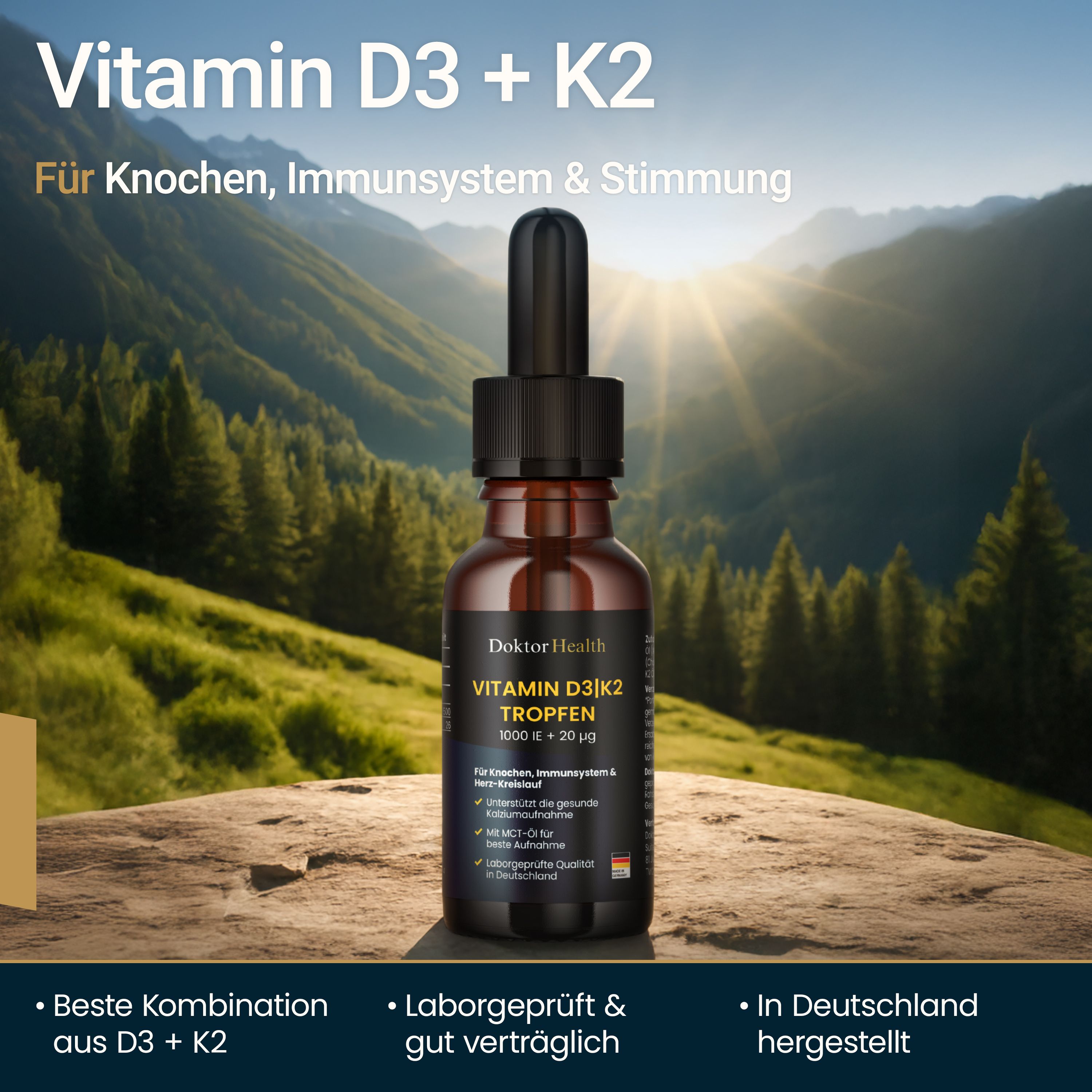 Bruine glazen fles met druppelaar. Opschrift: Vitamin D3 + K2 Tropfen. Achtergrond: berglandschap.