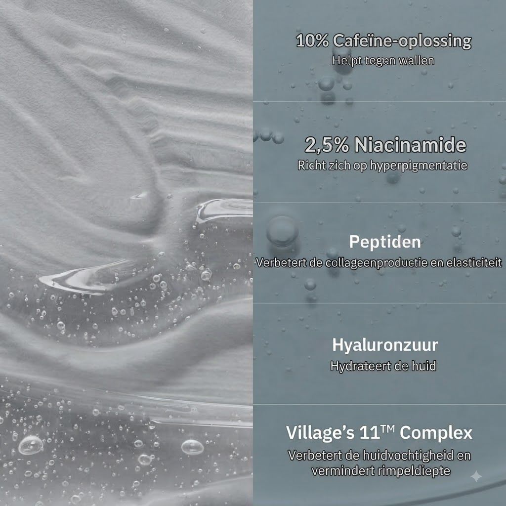 Heldere seruminhoud met belletjes. Tekst toont ingrediënten: Cafeïne, Niacinamide, Peptiden, Hyaluronzuur, Village's 11™ Complex.