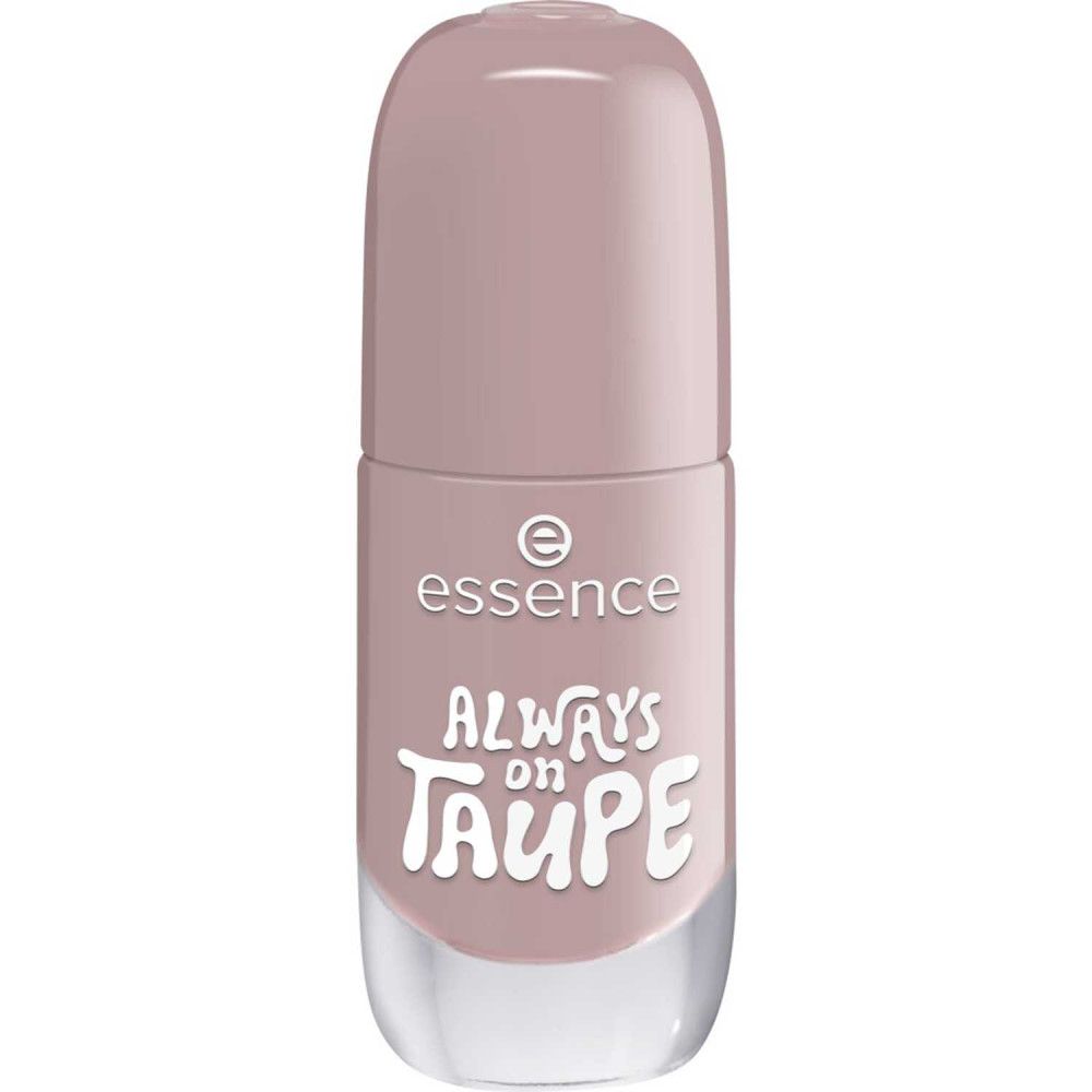Flacon de vernis à ongles fermé, couleur taupe. Inscription: Always on Taupe. Marque: Essence.