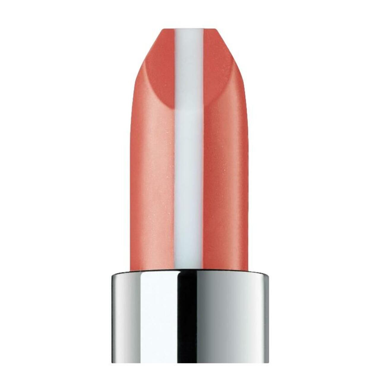 Close-up van een roze-oranje lipstick met witte streep in het midden. Zilverkleurige huls.