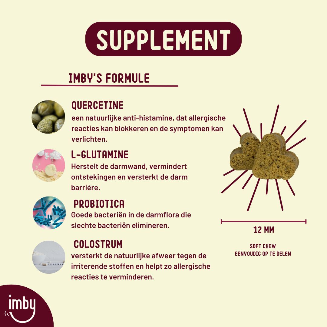 Imby Allergy & Itch Supplement voor honden. Pot met 90 zachte kauwsnacks. Bevat colostrum, postbiotica, probiotica, quercetine.