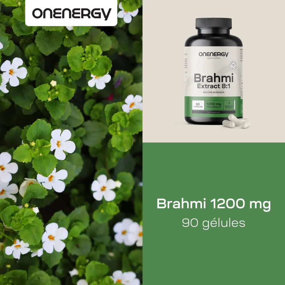 Flacon de gélules. Inscription : Brahmi 1200 mg, 90 gélules. Fond vert et blanc avec des fleurs.