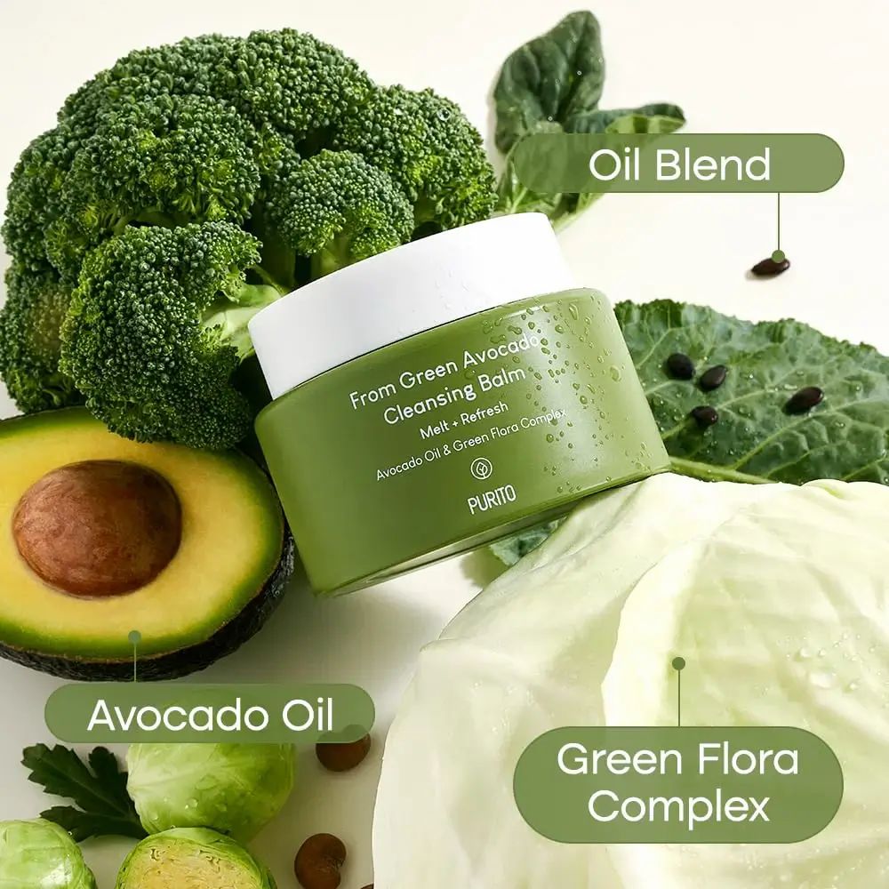 Groene pot met avocado, broccoli, kool en zaden. Opschrift: From Green Avocado Cleansing Balm. Merk: PURITO. Tekst: Avocado Oil, Oil Blend, Green Flora Complex.