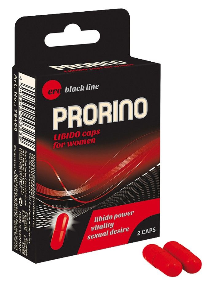 Prorino Libido Caps pour femmes, 2 capsules dans un emballage noir au design rouge avec code-barres.