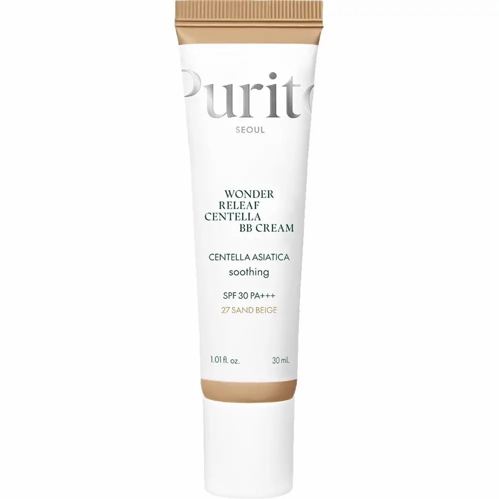 Tube de crème BB. Tube blanc avec bouchon marron. Texte: Wonder Releaf Centella BB Cream, SPF 30 PA+++, 27 Sand Beige.