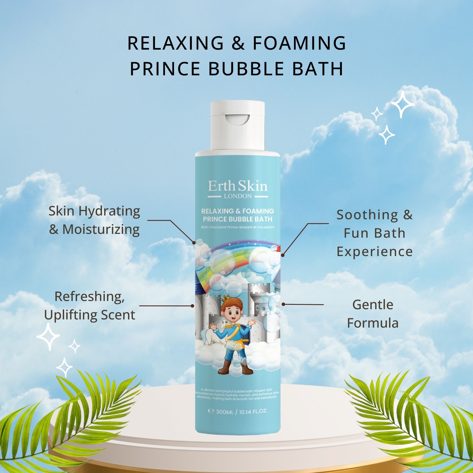 Flacon bleu clair avec bouchon blanc. Étiquette avec illustration de prince, arc-en-ciel et château. Texte: ErthSkin London, Prince Bubble Bath. Inscriptions.