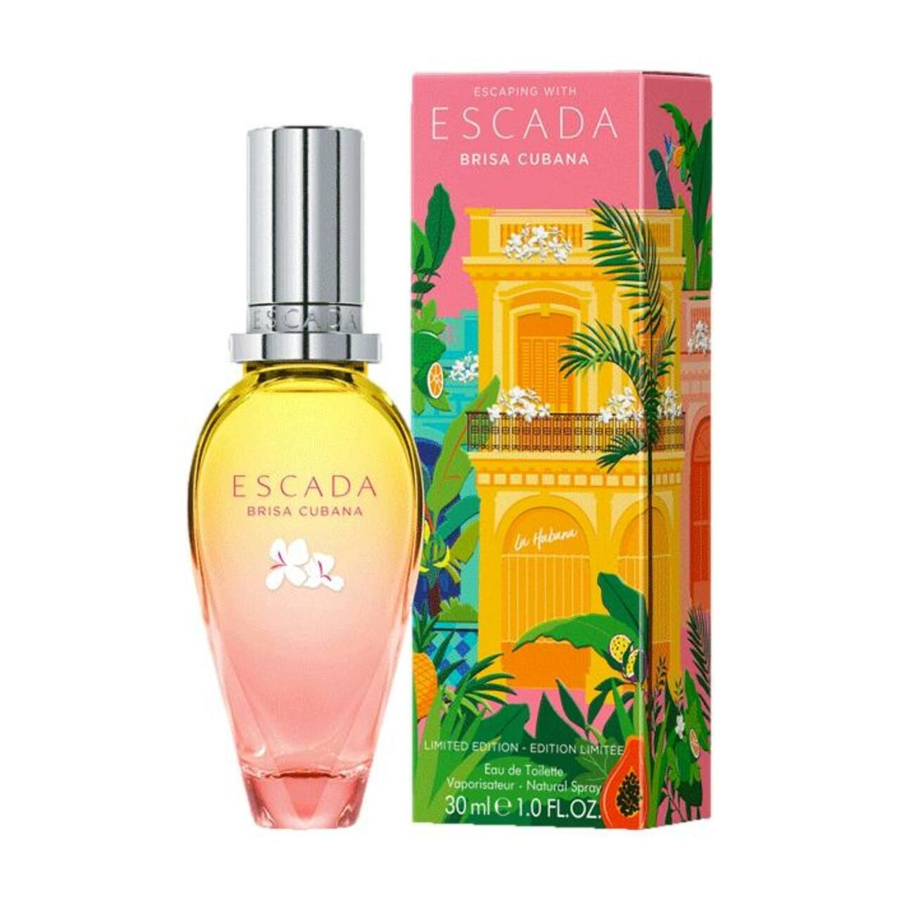 Escada Brisa Cubana Eau de Toilette fles en verpakking. Roze-gele kleurverloop, zilveren dop. Geïllustreerde verpakking.