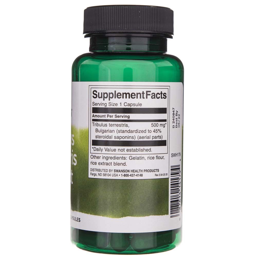 Arrière d'une bouteille de gélules vertes avec informations nutritionnelles, Tribulus Terrestris Extract 500 mg, et ingrédients.
