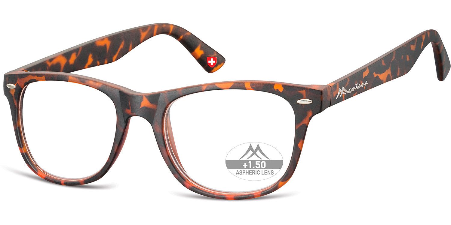 Lunettes marron à monture rectangulaire. Logo et indication de correction +1.50 sur le verre.