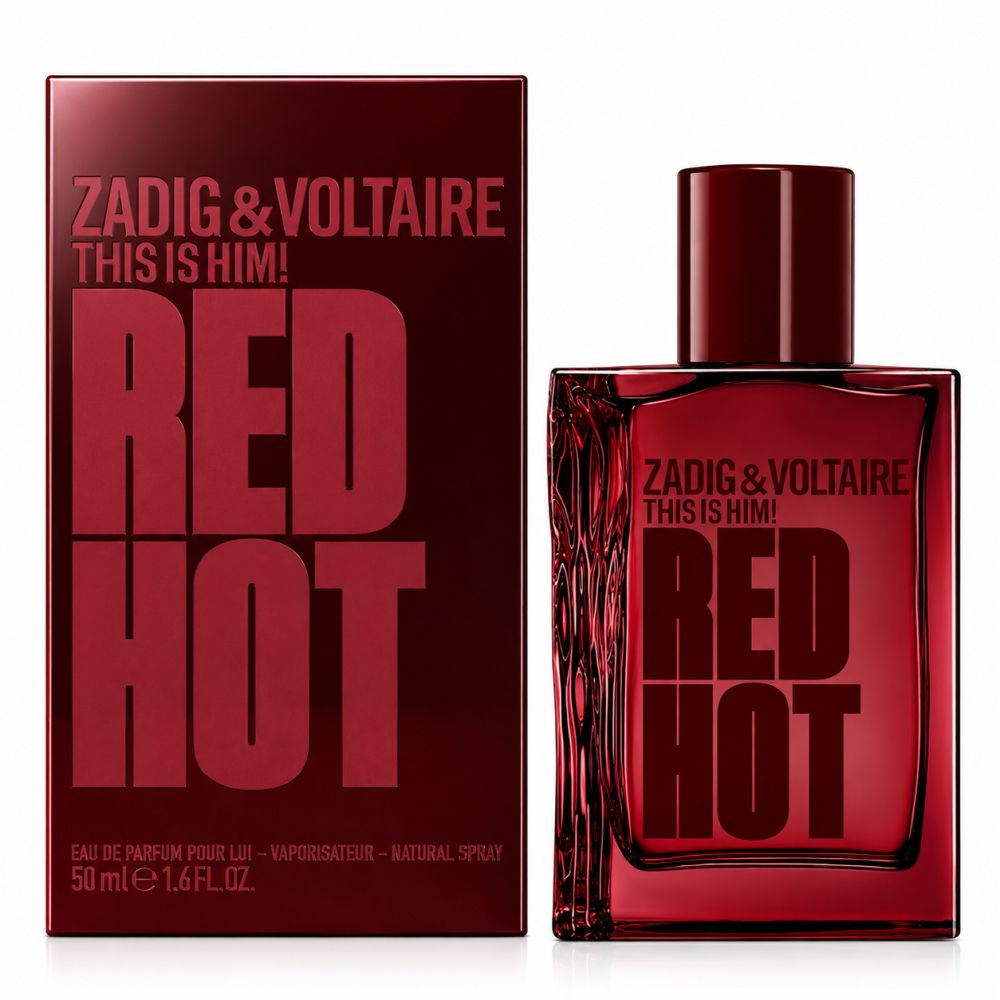 Flacon et boîte Zadig & Voltaire Red Hot Eau de Parfum. Flacon en verre rouge avec bouchon rouge. 50 ml.