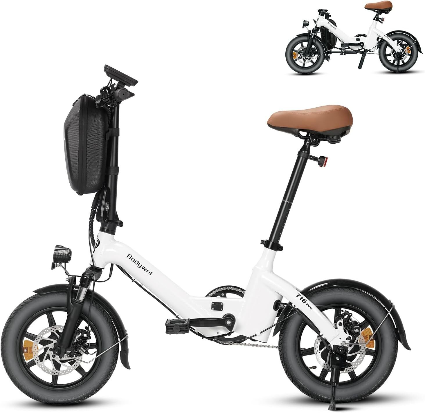 Vélo électrique pliable blanc. Pneus noirs, selle marron. Inscriptions "Bodywel" et "T16 Pro".