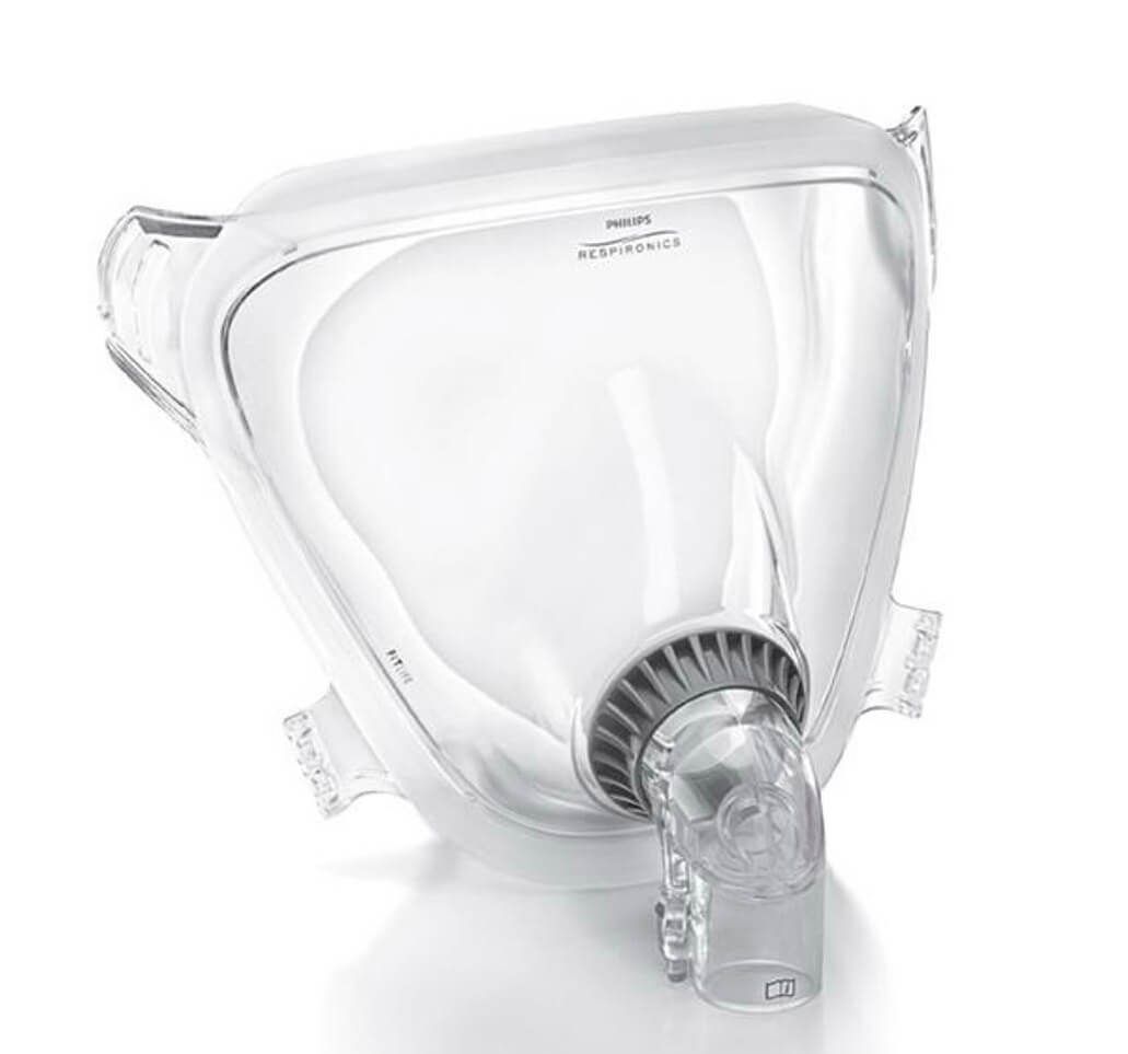 Masque facial complet Philips CPAP, façade transparente, connecteur gris, sur fond blanc.