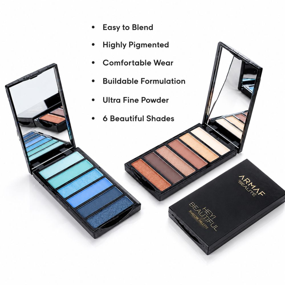 Deux palettes d'ombres à paupières Armaf Hey Beautiful, une avec des tons bruns, l'autre avec des tons bleus, à côté de l'emballage.