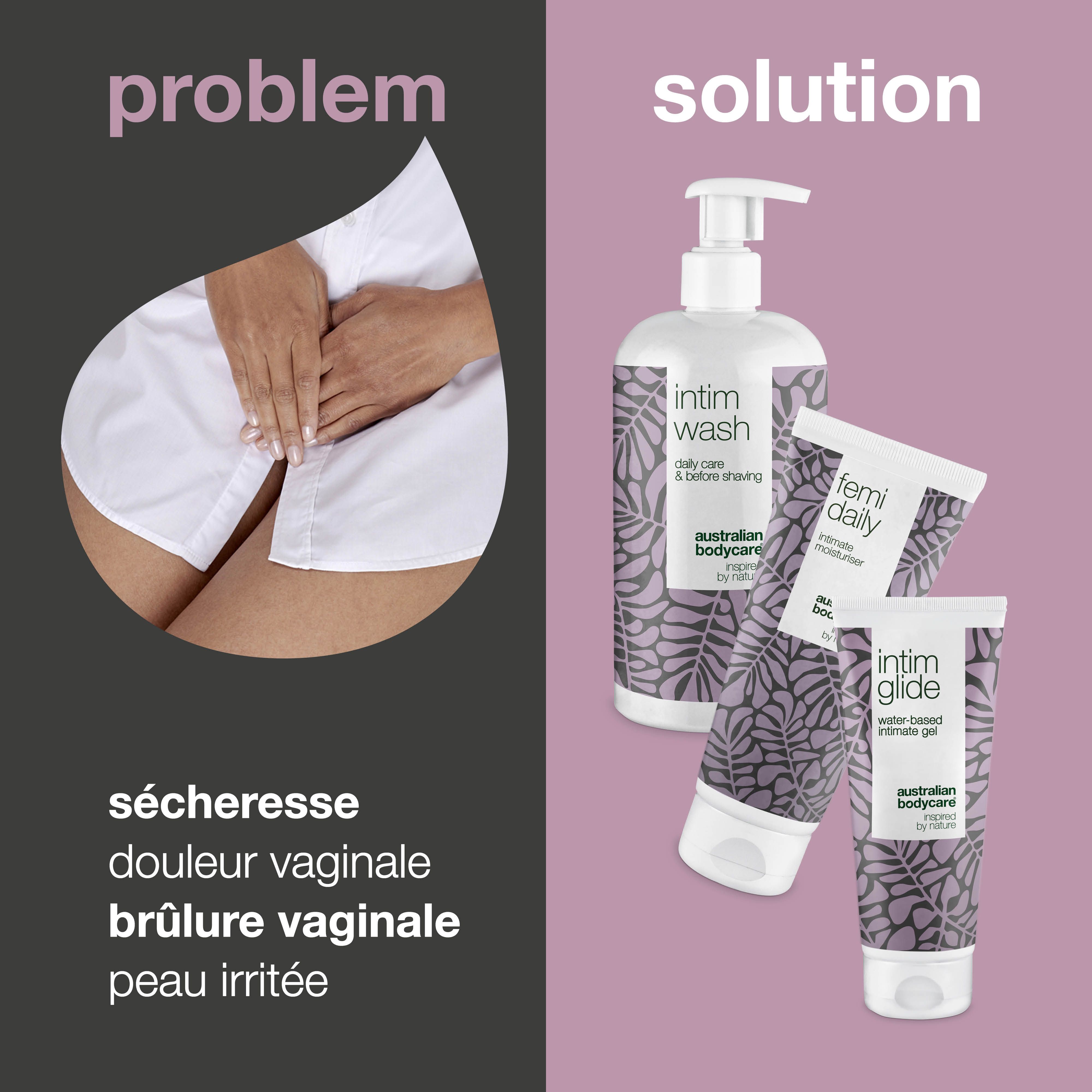 Graphique problème-solution. Sécheresse, douleur vaginale, brûlure, peau irritée. Produits : Intim Wash, Femi Daily, Intim Glide.