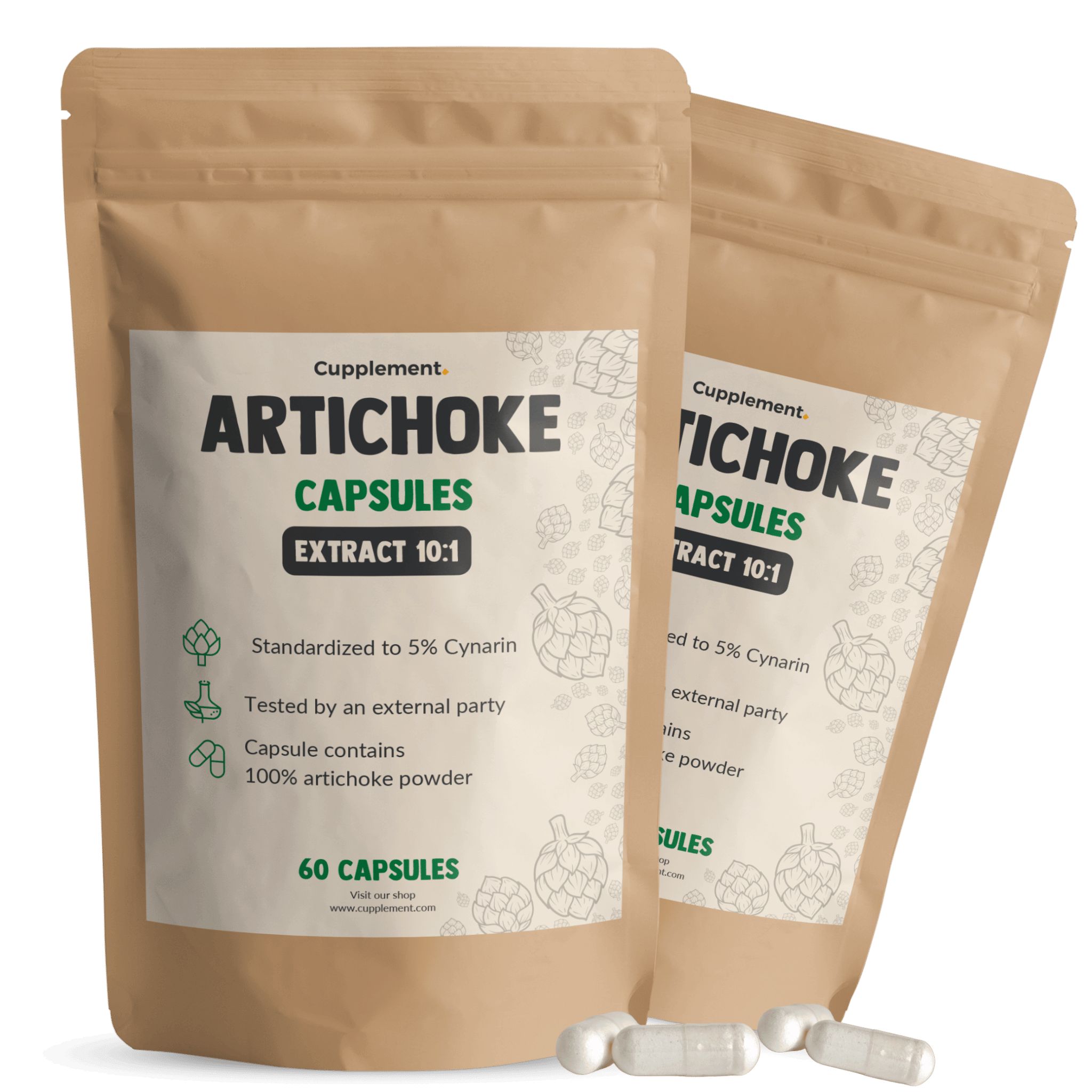 Twee zakjes met capsules van artisjokextract. Opschrift: Artichoke Capsules Extract 10:1, 60 capsules.