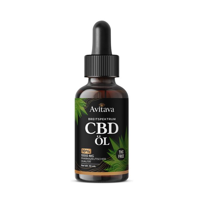 Avitava CBD olie fles met druppelaar. Breed spectrum, THC-vrij, 1000 mg, 10%. Donker glas.