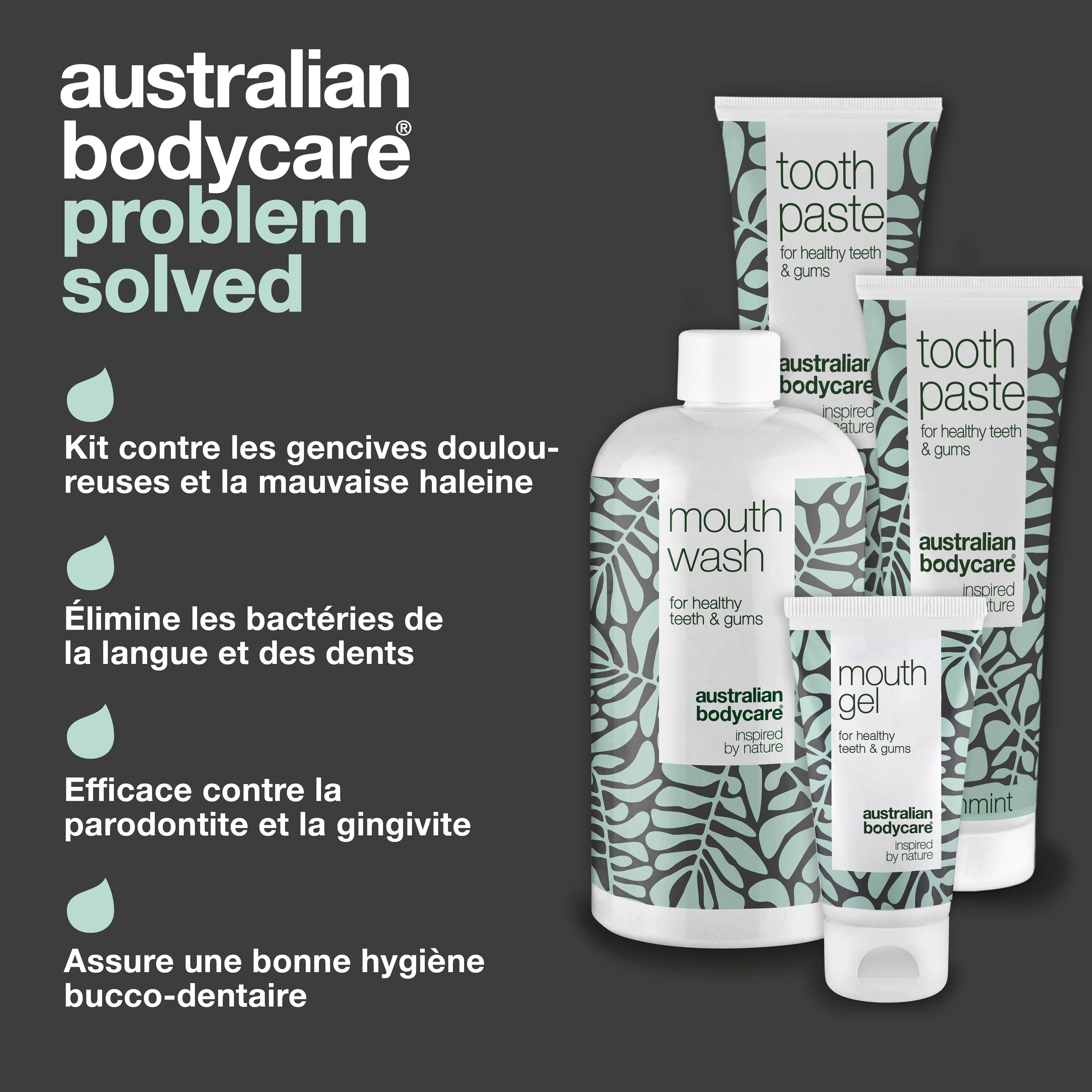 Produits de soins bucco-dentaires Australian Bodycare. Texte : Pour le soin quotidien des problèmes buccaux. Élimine les bactéries.