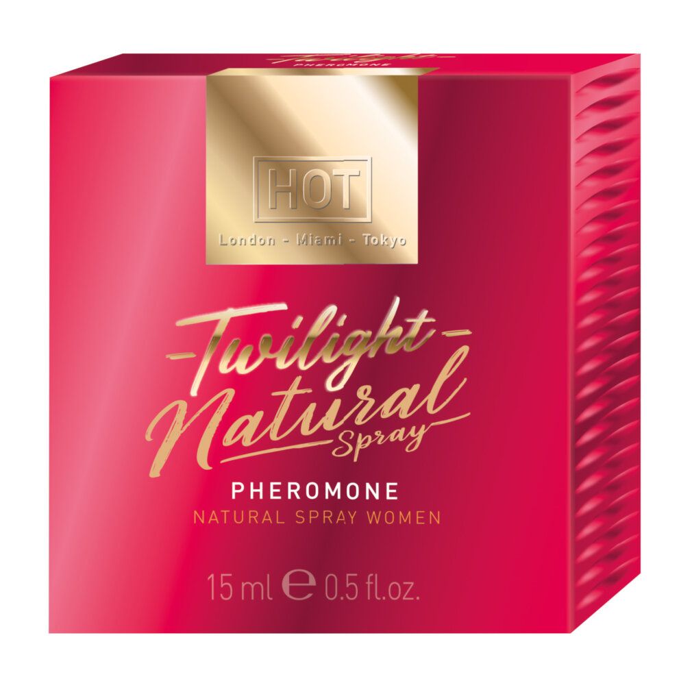 Rode doos met gouden opschrift. "Twilight Natural Spray Pheromone" en "15 ml 0.5 Fl.oz."