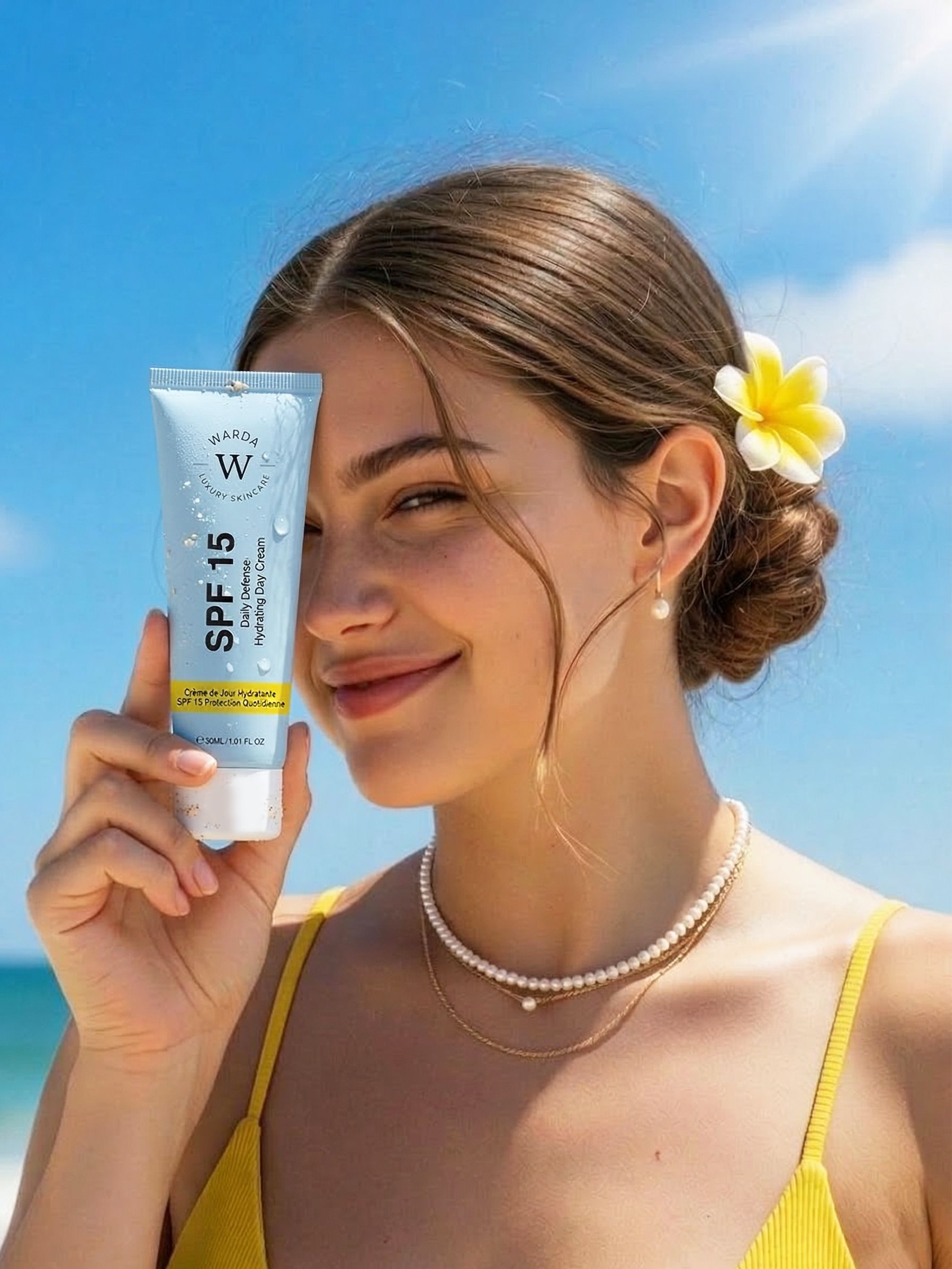 Vrouw houdt lichtblauwe tube vast. Opschrift: Warda, SPF 15, Daily Defense, Hydrating Day Cream. Gele strook. Achtergrond: strand.