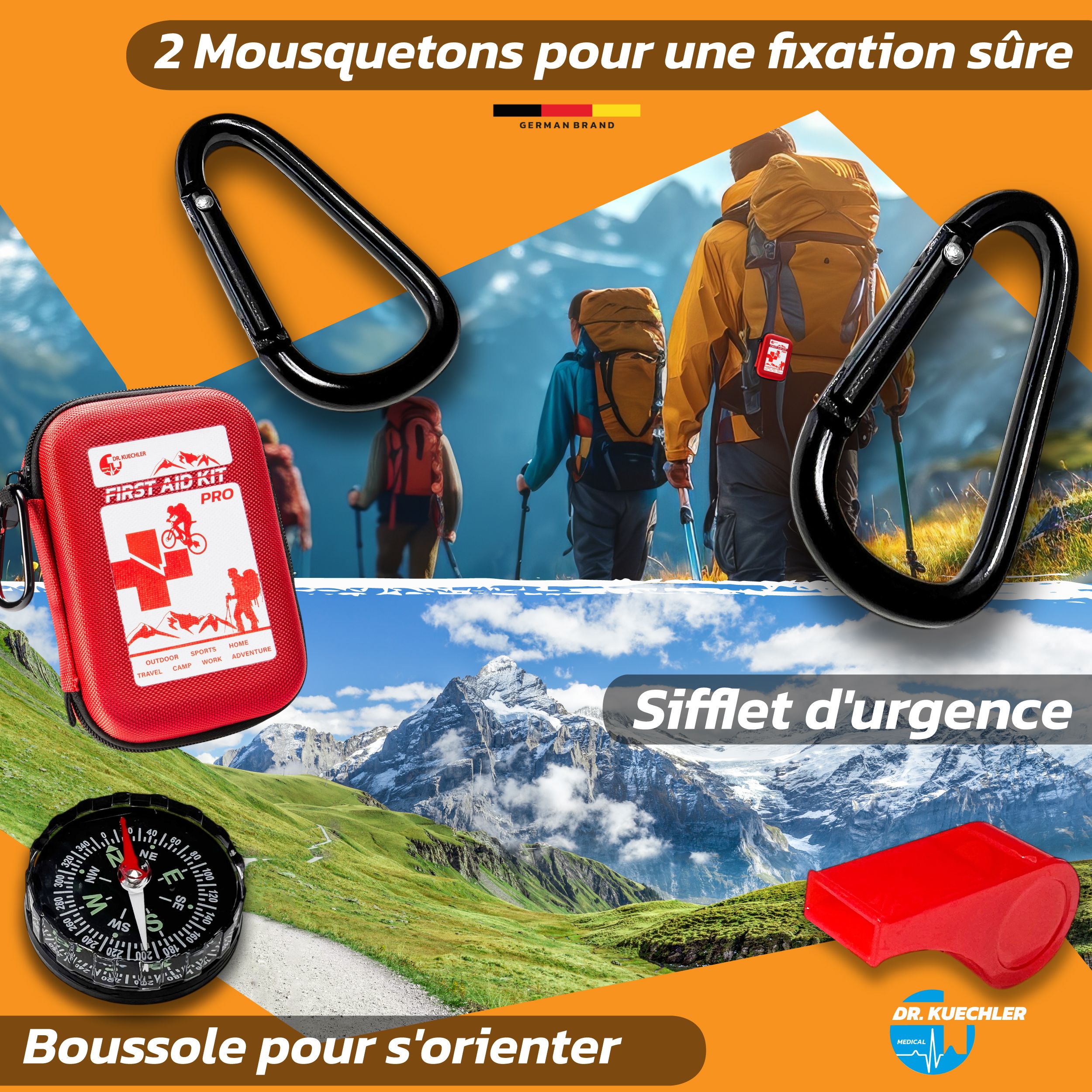 Trousse de premiers secours rouge. Texte : « FIRST AID KIT PRO ». Avec mousqueton.
