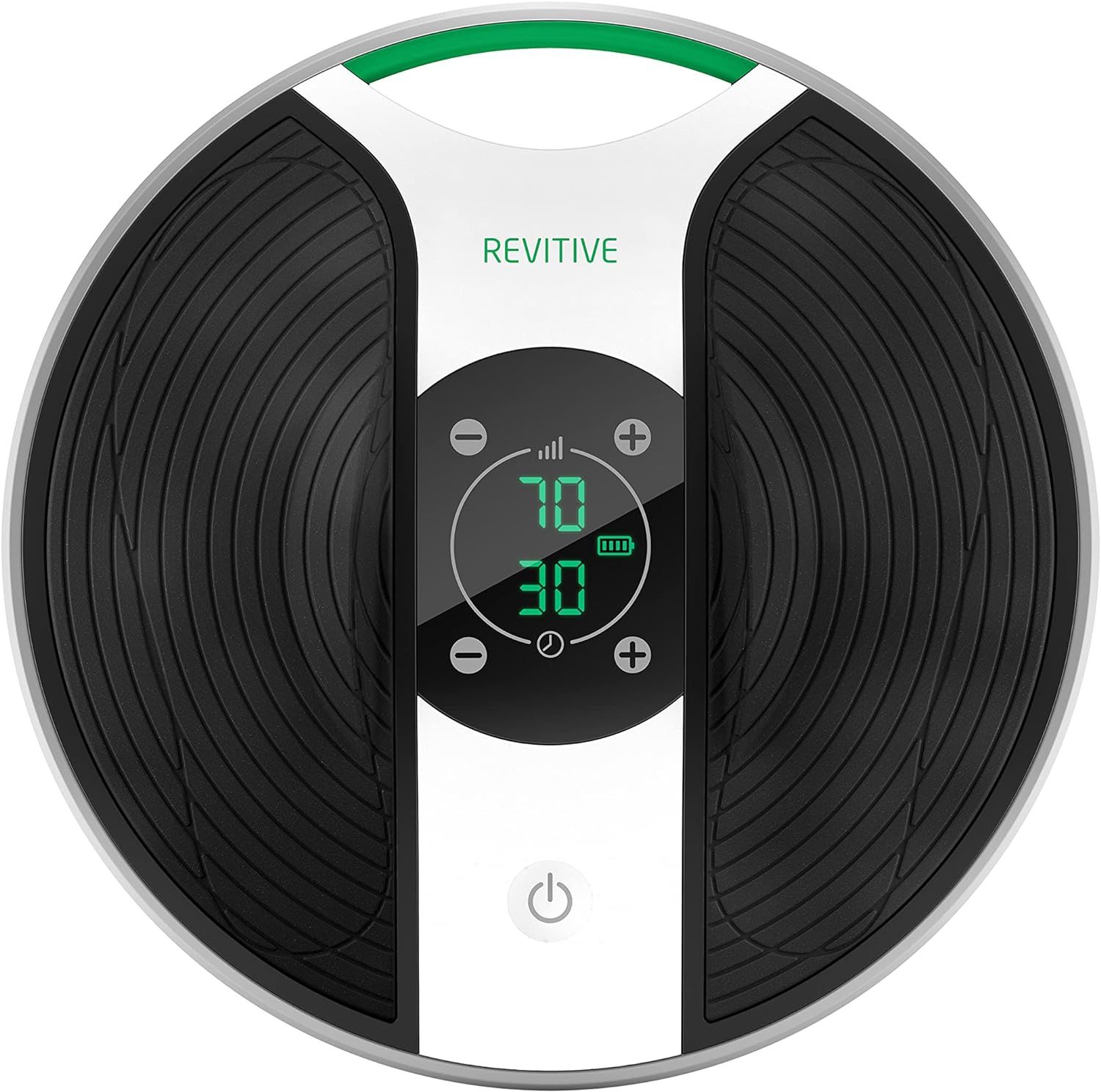 Rond apparaat met zwart oppervlak, wit middenstuk en display. Merk Revitive zichtbaar. Groene accenten.