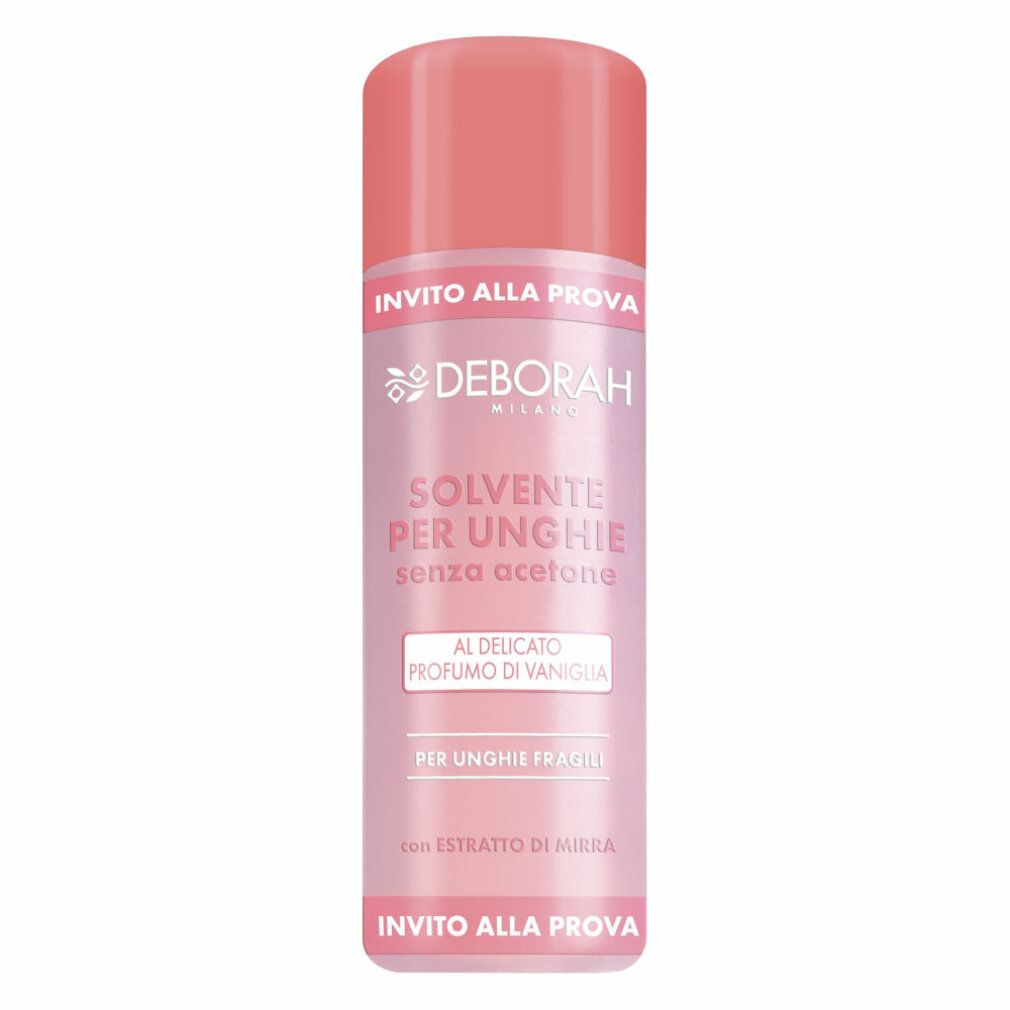 Flacon rose avec bouchon rose. Inscription: Deborah, Solvente per unghie senza acetone. Parfum vanille. Pour ongles fragiles.