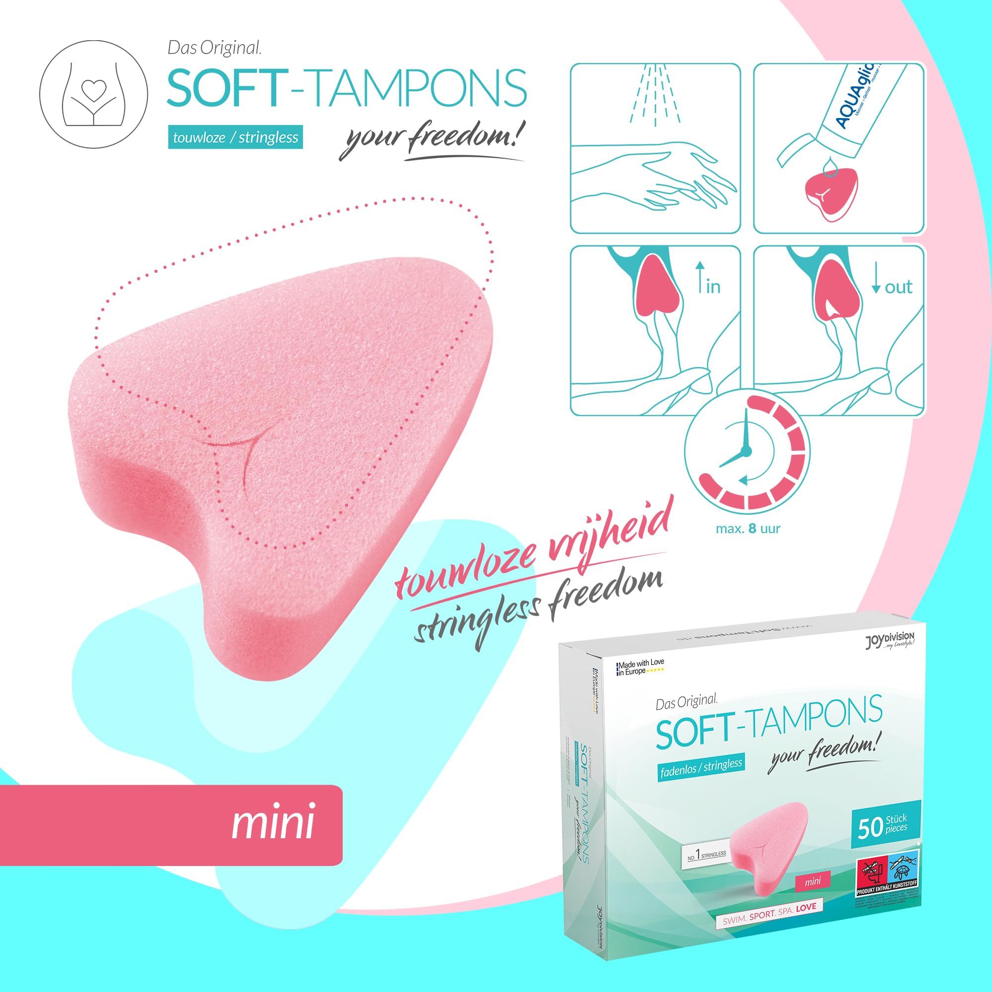 Verpakking Soft Tampons mini, 50 stuks. Een tampon is roze en hartvormig.