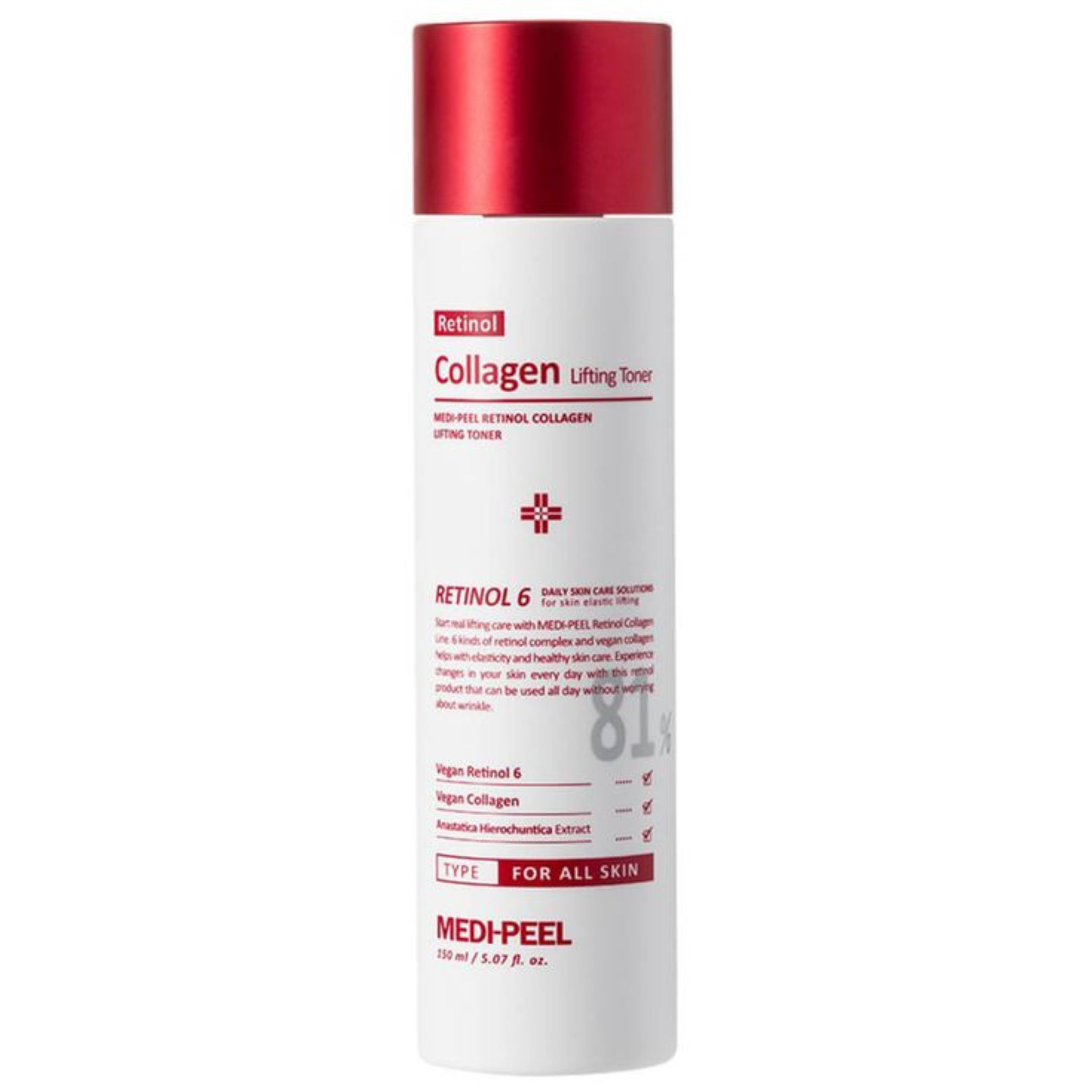 Witte fles met rode dop. Opschrift: Retinol Collagen Lifting Toner. Merk: MEDI-PEEL. Tekst en logo.